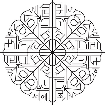 Symmetrical black and white design with intricate calligraphic lines creating a stunning mandala pattern