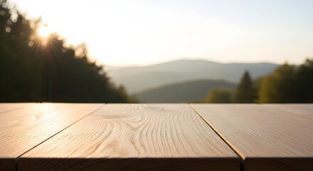Serene Wooden Table Overlooking Mountains at Sunrise with Natural Light