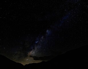 A breathtaking long-exposure photograph captures the dense, luminous band of the Milky Way galaxy stretching across a dark night sky above silhouetted mountains.