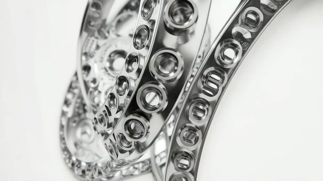 Abstract rotating metallic gears creating hypnotic patterns with reflective surfaces in motion