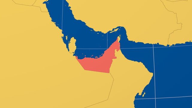 United Arab Emirates on Globe. Animated zoom into the country in Ocean Blue Golden Yellow color palette. United Arab Emirates logo animation. Map with meridians, parallels. Awesome video.