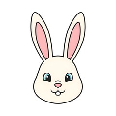 Fototapeta premium Cute white rabbit face icon, bunny head mascot with blue eyes cartoon character vector isolated on white background