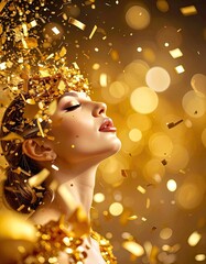 A glamorous woman basking in a shower of golden confetti and shimmering bokeh lights.