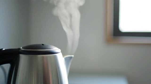 Ethereal Steam Dance Focus on the fluid, captivating movement of steam rising from a kettle, forming intricate, slow-motion ribbon-like patterns against a dark, contrasting background.