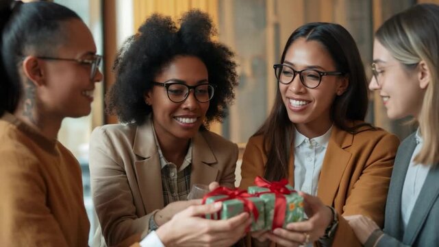 Extending left woman offering gift, recipient accepting, coworkers celebrating at office in blazers