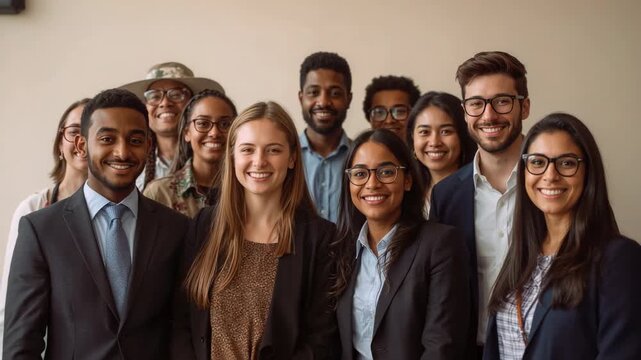 Smiling work team adjusting for portrait at beige wall as camera clicking, suits, glasses, camo hat