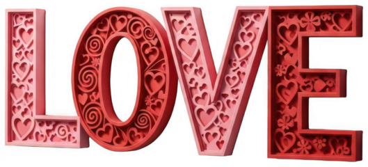 Pink Lettering png Red Word cutout Decorative Heart png Volumetric Text cutout Romantic Inscription png Intricate Design cutout Ornate Typography png Layered isolated transparent background image