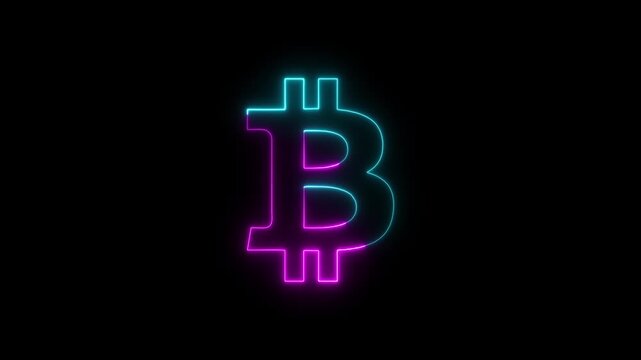 Bit coin icon neon glowing animation, digital currency symbol, cryptocurrency logo,  financial technology concept. Global finance bitcoin icon 4k video footage. Neon bitcoin icon sign payment symbol.