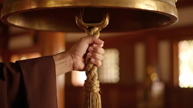 Hand grips rope to ring golden temple bell during devotional ritual