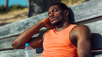 Young man resting on park bench after workout