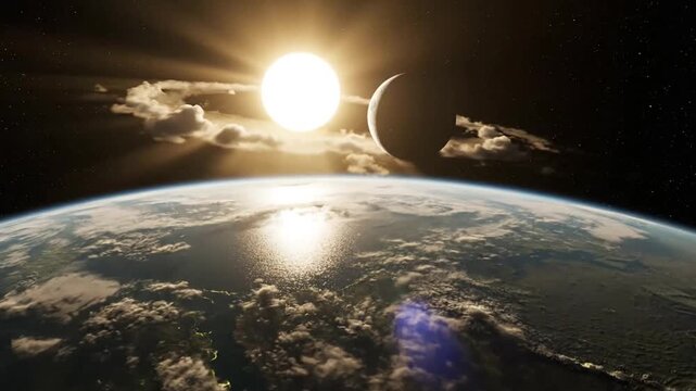 Aerial view of flat earth during a solar eclipse with clouds and sun rays