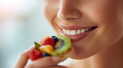A close-up of a smiling woman enjoying a colorful fruit tart topped with kiwi, berries, and assorted fruits, highlighting a fresh and healthy lifestyle.