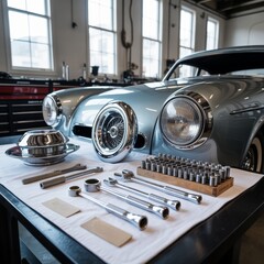 Obraz premium Restoration-focused workspace with metal tools, wooden holders, and a silver vehicle, framed by clean surfaces and visual order.