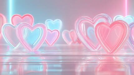 Ethereal neon heart shapes emerge from a shimmering surface, creating a dreamy, romantic atmosphere with soft pink and blue tones.