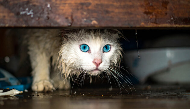 A wet and scared white cat with blue eyes hiding under a wooden structure