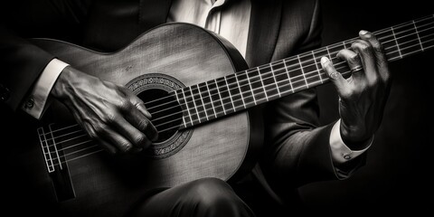 Fototapeta na wymiar A dramatic side-lit close up of a flamenco guitarist mid-performance hands, fingers strumming a classic Spanish.