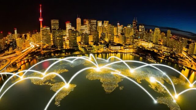 Global Connectivity: Illuminated lines representing global connections illuminate the night sky above a cityscape, symbolizing international communication, travel.