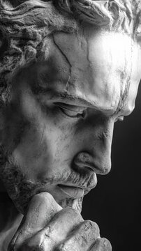 Majestic classical sculpture showing a sage in deep meditation, embodying ancient philosophical introspection, profound wisdom, and the ceaseless quest for truth.