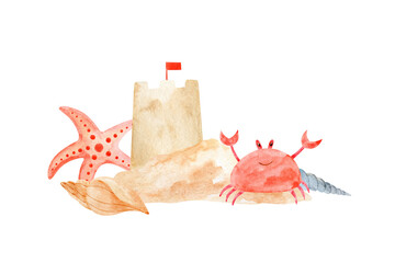 Composition with sand castle, crab and shells. Watercolor illustration hand drawn isolated on a white background. Template for cards, invitations and packaging design. © Lena