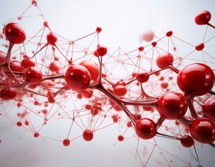 a digital image featuring abstract red molecules and connections symbolizing scientific exploration visualized on a smooth white background devoid of distractions