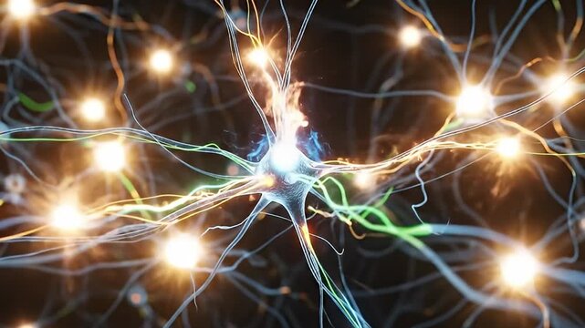 An intricate 3D animation depicts a vibrant neural network, showcasing multiple nerve cells with glowing dendrites and axons forming complex connections. Bright, colorful electrical impulses flow dyna