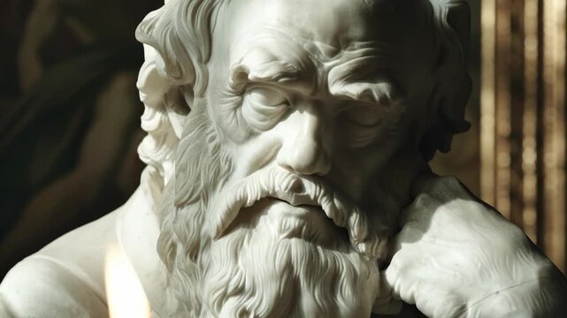 An aged marble sculpture, depicting a wise man in philosophical contemplation, radiating quiet introspection, profound thought, and ancient wisdom within a softly illuminated classical interior.