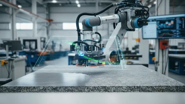 Medium shot featuring AIcontrolled granite polishing system analyzing surface texture for optimal polishing patterns and enhanced smoothness.