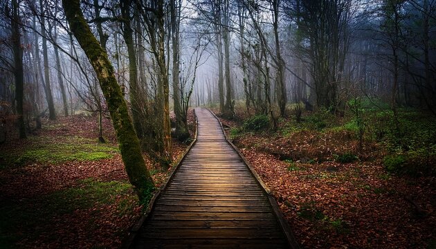creepy wooden pathway in the forest - Powered by Adobe