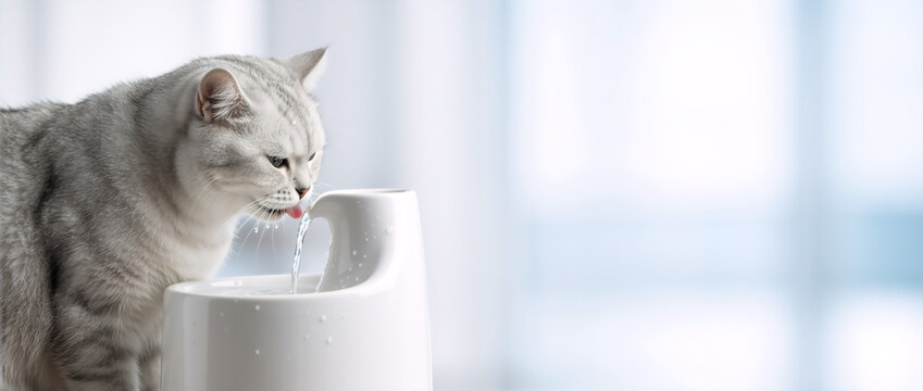Silver tabby cat drinking from a white ceramic water fountain. Pet hydration and health concept. Modern automatic water dispenser for domestic animals. Wide panoramic shot with copy space
