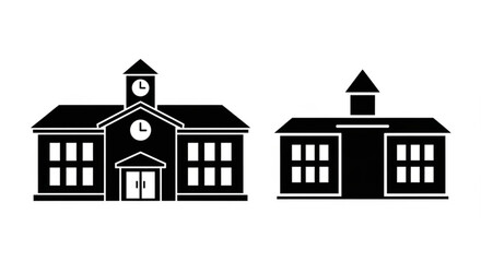 A minimalist vector graphic illustration of two school buildings in black and white