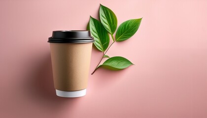 disposable paper coffee cup mockup with black lid and green leaves n sustainable eco friendly drink on pink background