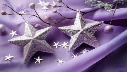 elegant silver stars on soft lavender fabric with sparkles and delicate branches creating a dreamy whimsical atmosphere