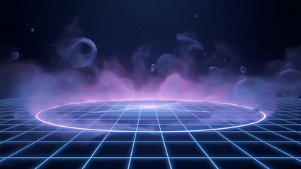 Brightening neon ring on start, emitting pink mist on blue grid with orbs for pulsing stage - Powered by Adobe