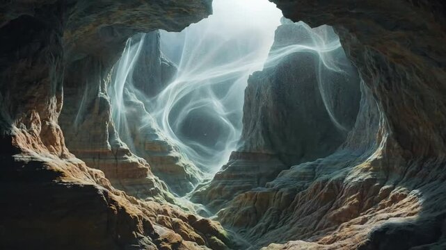 Subterranean Mist Dynamics A deep dive into the mystical swirling mist within ancient geological caverns and rock formations.