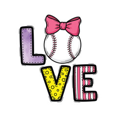 Pink Bow Baseball Love Text Design With White Background lettering word