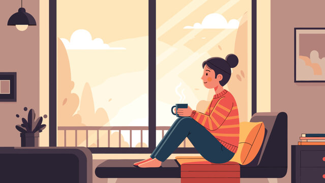 A relaxed woman enjoying a hot drink while sitting by a large window in a cozy room.