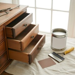 Vintage dresser in progress, surrounded by painting tools, soft cloth, and sunlit window glow, evoking themes of home improvement and care.