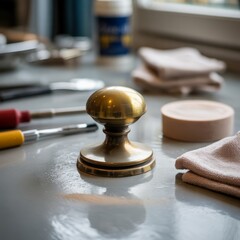 Close-up of a beauty station with brass shaving gear, soft cloth, and assorted makeup brushes, evoking a calm ritual of personal care.