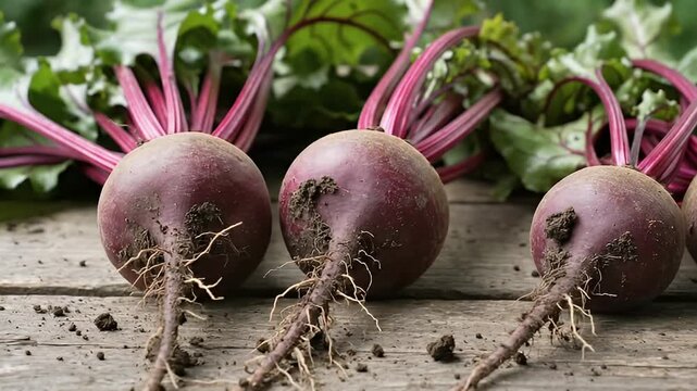 The video showcases freshly harvested beets, still bearing rich green leaves and earthy roots, laid out on a rustic, weathered wooden surface. Each vibrant, deep purple-red root vegetable has a touch 
