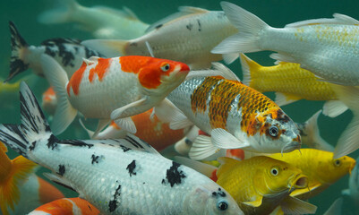 front view colorful Koi fish swimming in turquoise-green water. The composition is dense, with fish...