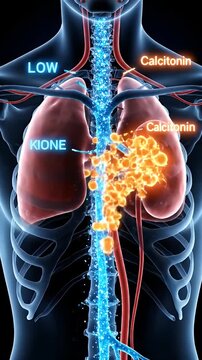 Vertical Macro CGI Showcasing Insulin and Glucagon Action in Human Body with Lungs, Kidneys and Spine with Dark Blue