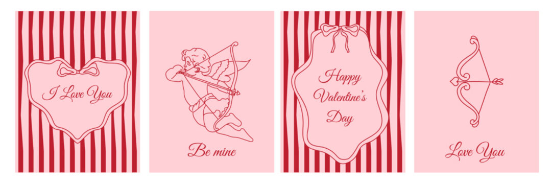 Valentine&rsquo;s Day hand drawn vintage greeting card set with cupid, cupid arrow, bows and frames. Template for celebration, ads, branding, banner, cover, label, poster