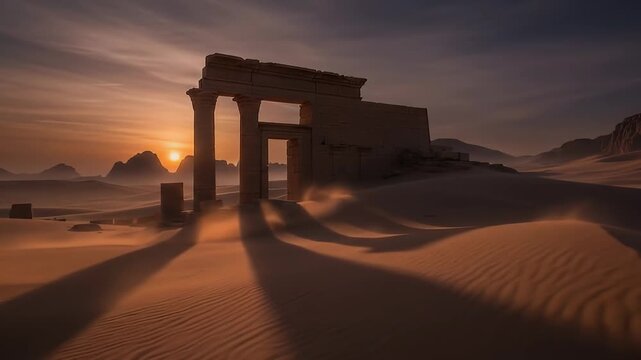 This captivating scene depicts majestic ancient ruins, featuring imposing columns and a grand archway, standing resilient amidst vast, undulating desert sand dunes. The dramatic golden hour sunlight c