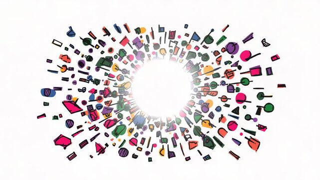 Brightening burst pushing colorful hand-drawn icons outward on white backdrop, revealing white core