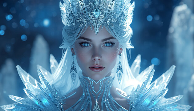 Portrait of a futuristic ice queen wearing translucent crystal armor and a crown, glowing blue winter fantasy concept.