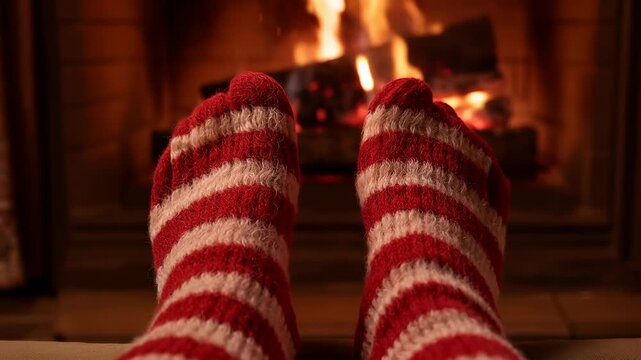 Warming feet wearing red white striped wool socks resting by fireplace at home, with fire crackling