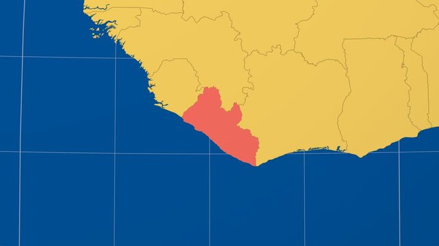 Liberia on Globe. Animated zoom into the country in Ocean Blue Golden Yellow color palette. Liberia logo animation. Map with meridians, parallels. Authentic video.