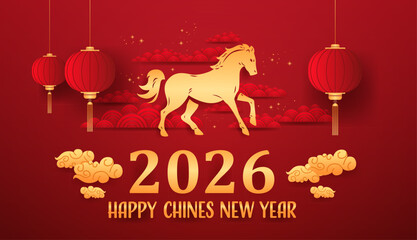 Horse Chinese New Year 2026 red lanterns golden clouds festive background traditional Asian art © mast3r
