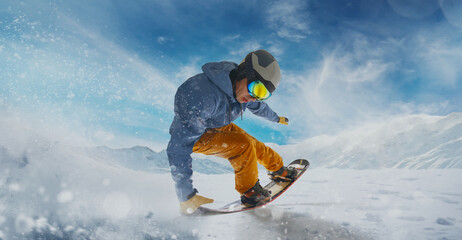 Snowboarder in action. Extreme winter sports.