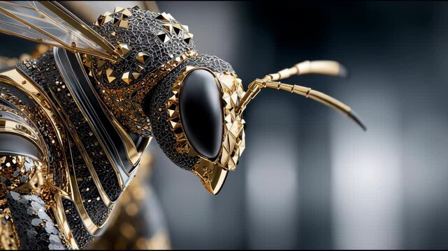 A gold and black insect with a large head and a small body. The insect is wearing a gold and black costume